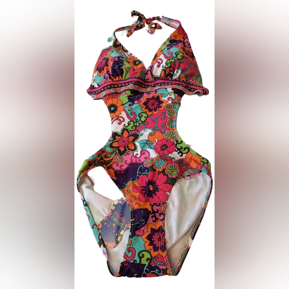 NWT MISS COCOA MULTICOLORED FLORAL CUTAWAY ONE PC BATHING SUIT SZ 10